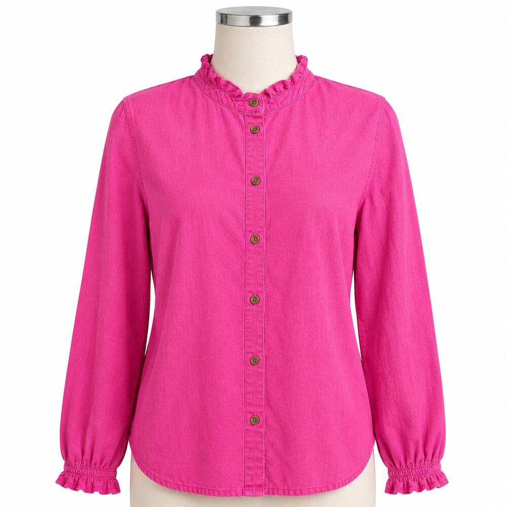 J.Crew Pink Ruffle Collar Button Front Blouse Size 8 100% Cotton Long Sleeve